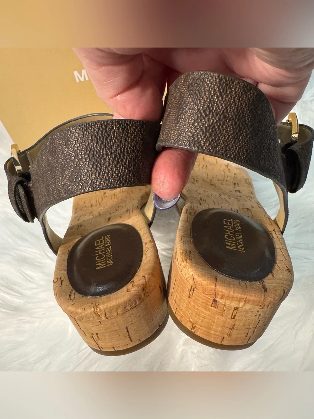Michael Kors NEW Brown MK Logo Cork Thong Sandals with Gold Buckle